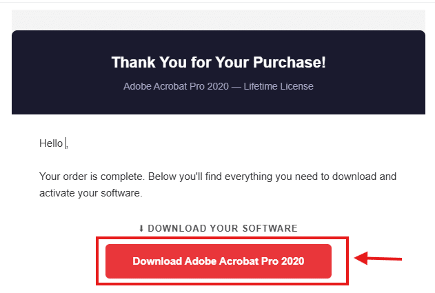 Order email with the Download Adobe Acrobat Pro 2020 button and license key