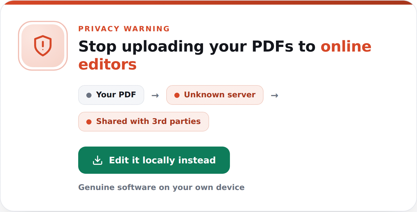 Illustration showing the privacy and security risks of uploading sensitive PDF documents to unknown online editors.