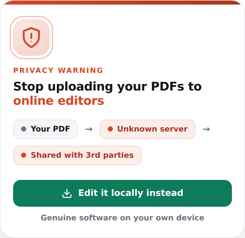 Illustration showing the privacy and security risks of uploading sensitive PDF documents to unknown online editors.