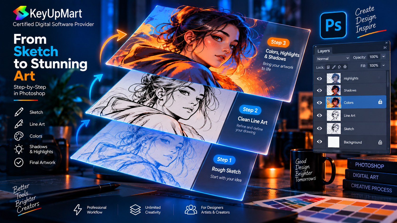 Building a digital drawing step by step in Photoshop