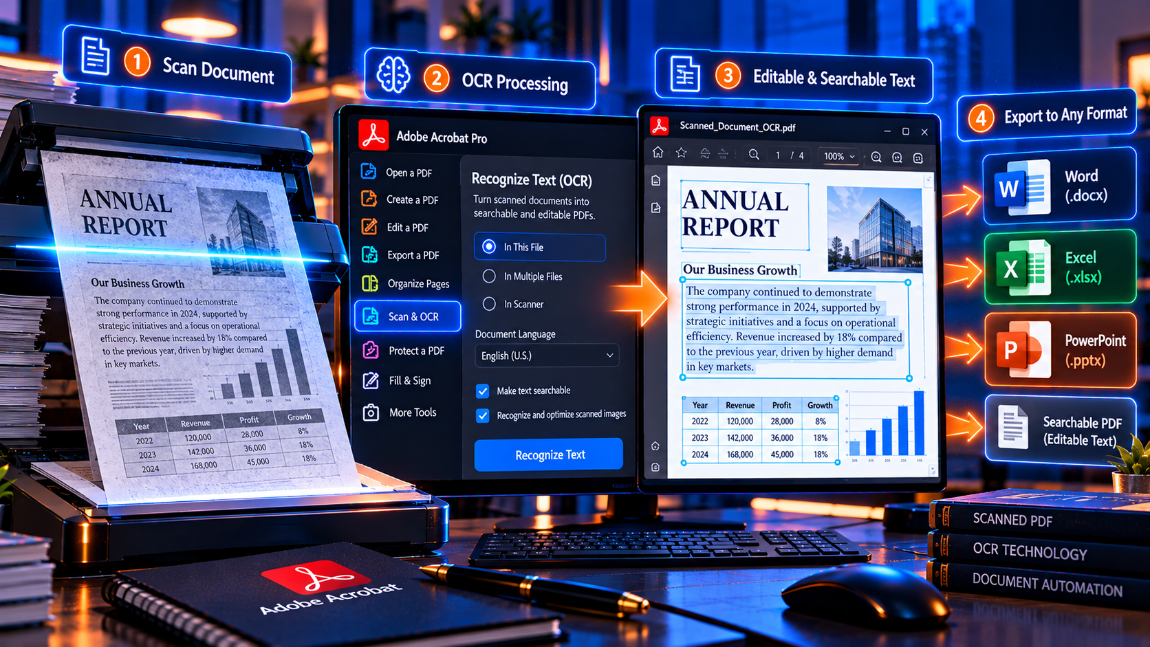 How to Convert PDF to Word Excel and PowerPoint with Adobe Acrobat 4 Illustration showing how OCR turns a scanned PDF page into searchable, editable text.