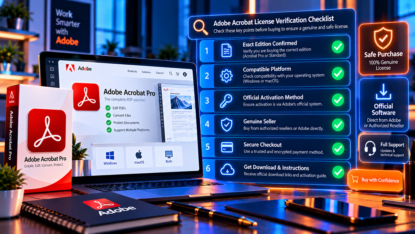 Is Buying an Adobe Acrobat Pro Lifetime License Legit 3 Step-by-step graphic showing how to check an Adobe Acrobat license before buying, from identifying the product to verifying the delivered software.
