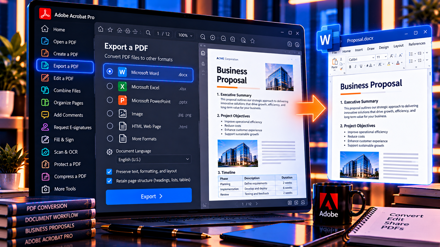 How to Convert PDF to Word Excel and PowerPoint with Adobe Acrobat 2 Illustration of the steps for converting a PDF to a Word document with Adobe Acrobat.