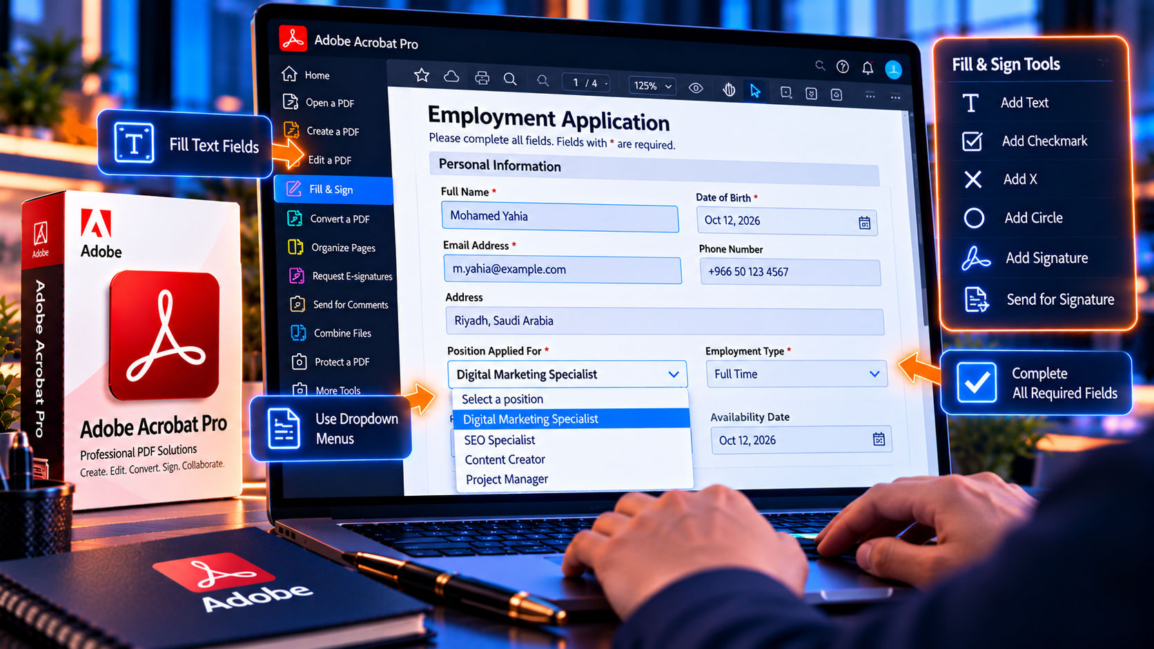 Illustration showing how to fill an interactive PDF form in Adobe Acrobat by clicking form fields and typing values.