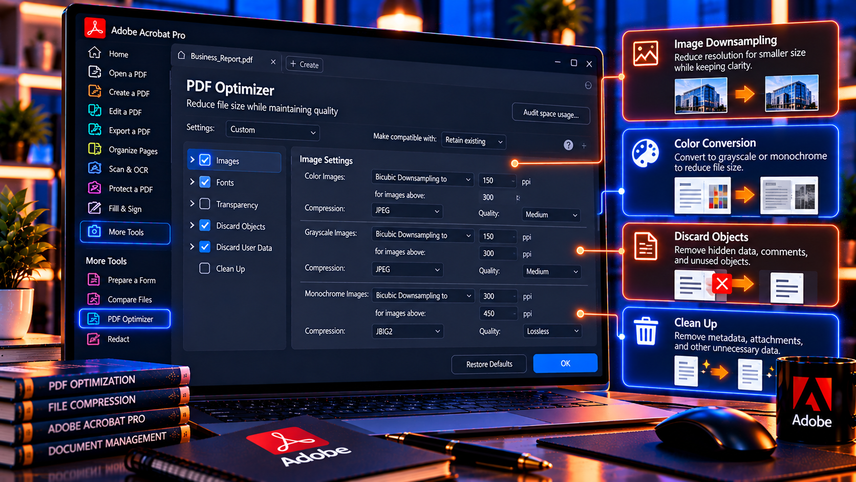 Illustration of the PDF Optimizer settings used to control file size in Adobe Acrobat.