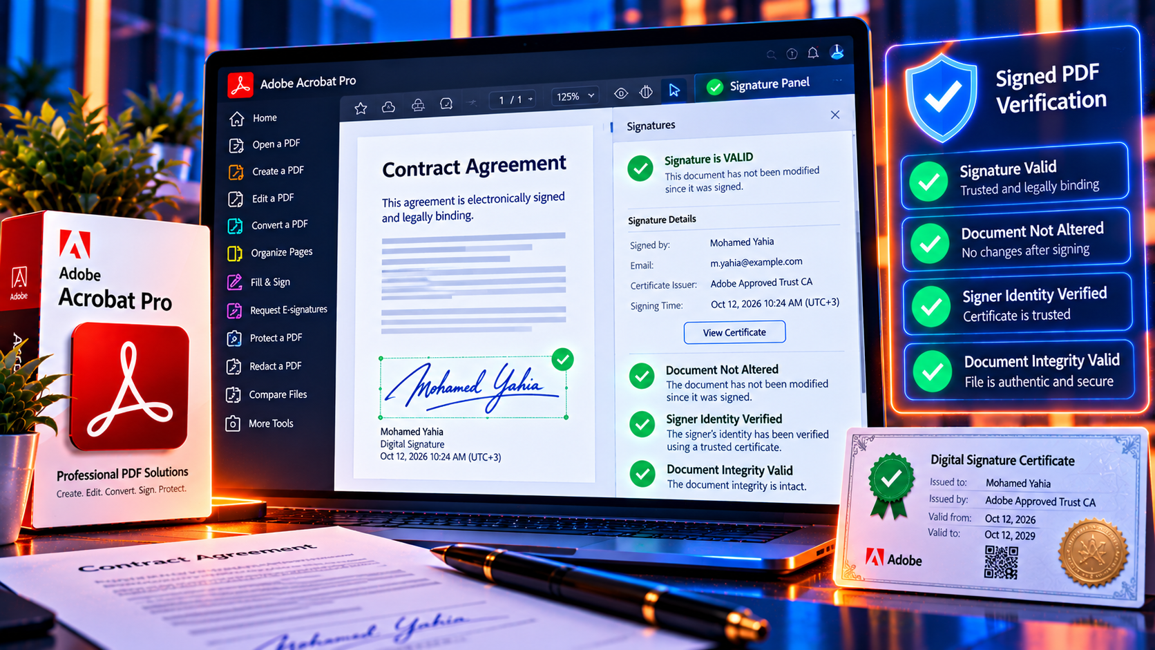 Illustration showing how to prepare and check a signed PDF form in Adobe Acrobat Pro, including field detection and signature verification.