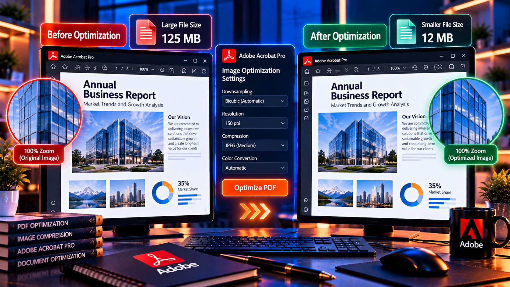 Overview of the image settings that reduce PDF file size, such as downsampling and compression.