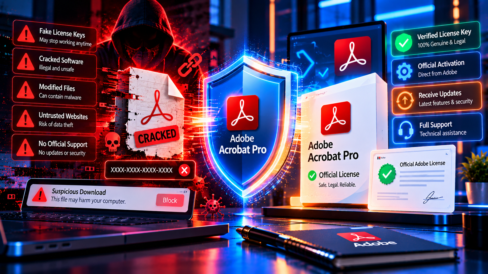 Is Buying an Adobe Acrobat Pro Lifetime License Legit 4 Graphic listing the warning signs of an unsafe software license key, such as unrealistic prices, cracked installers and shared accounts.