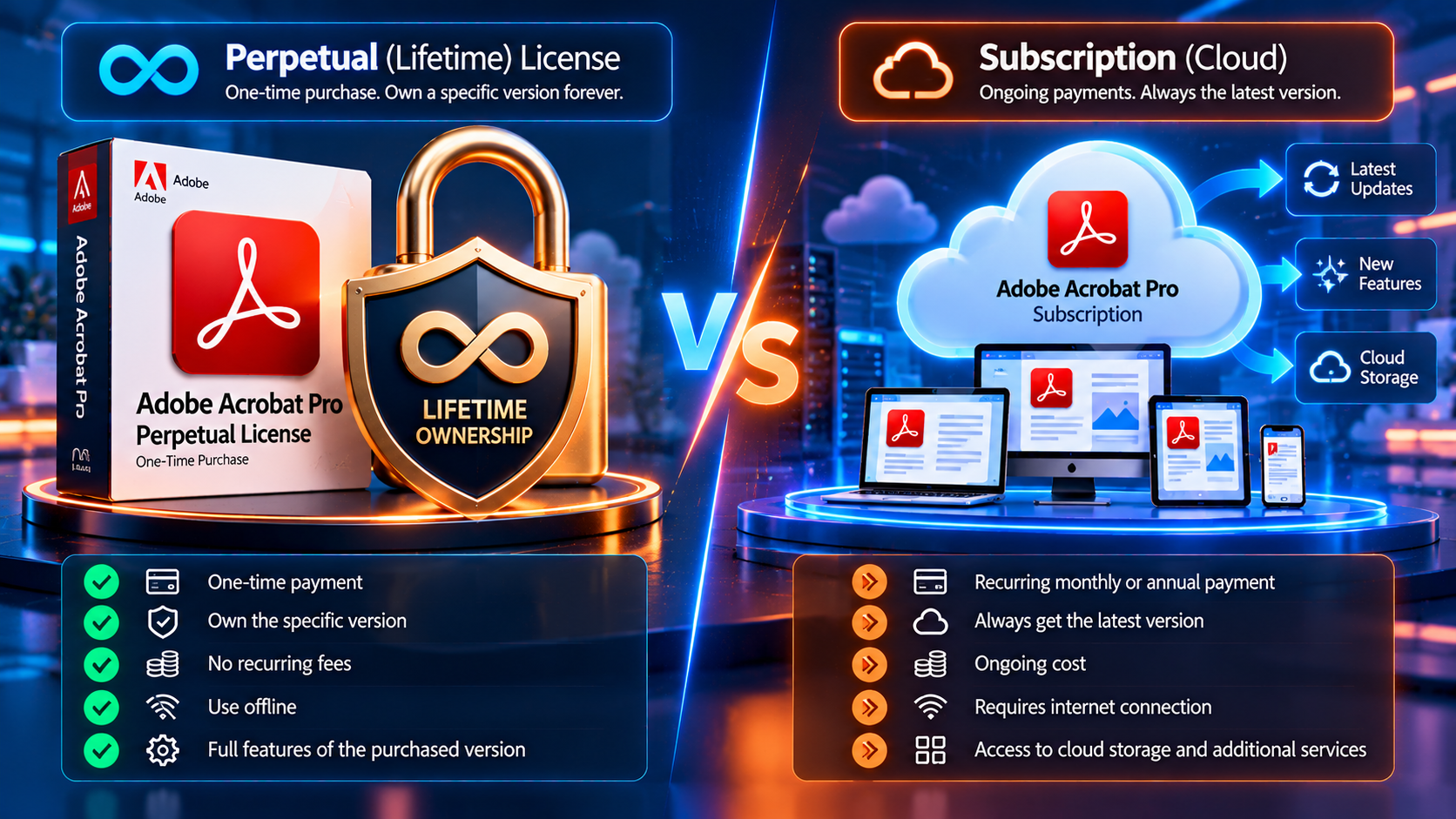 Is Buying an Adobe Acrobat Pro Lifetime License Legit 2 Illustration explaining what a lifetime license means in software licensing, covering the purchased version, supported device and license terms.