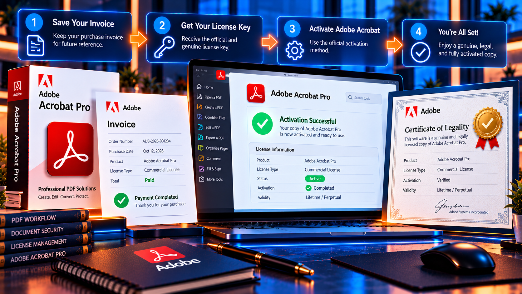 Is Buying an Adobe Acrobat Pro Lifetime License Legit 5 Checklist graphic showing what to do after buying a software license, including saving the invoice, activating the product and testing a key workflow.
